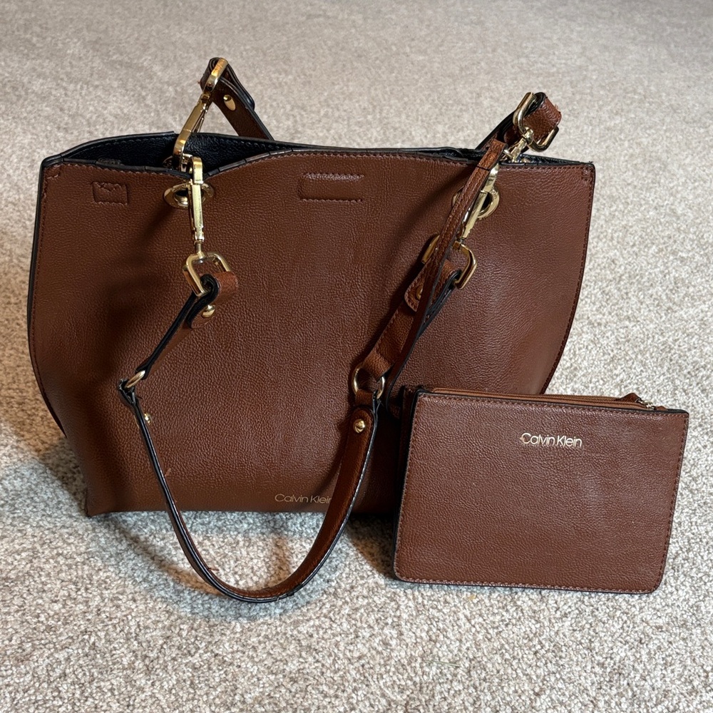 Calvin Klein Brown Leather Tote with Matching Zip Pouch